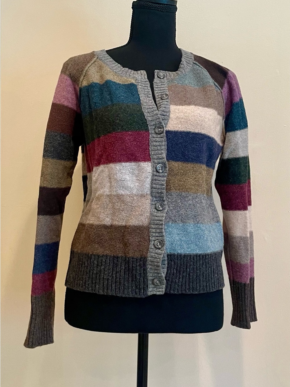 Garnet Hill Striped Multicolor Button-Up Women's Cardigan Wool Sweater